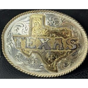 Vintage Montana Silversmiths Texas Belt Buckle Silver Plate Gold Twisted Rope